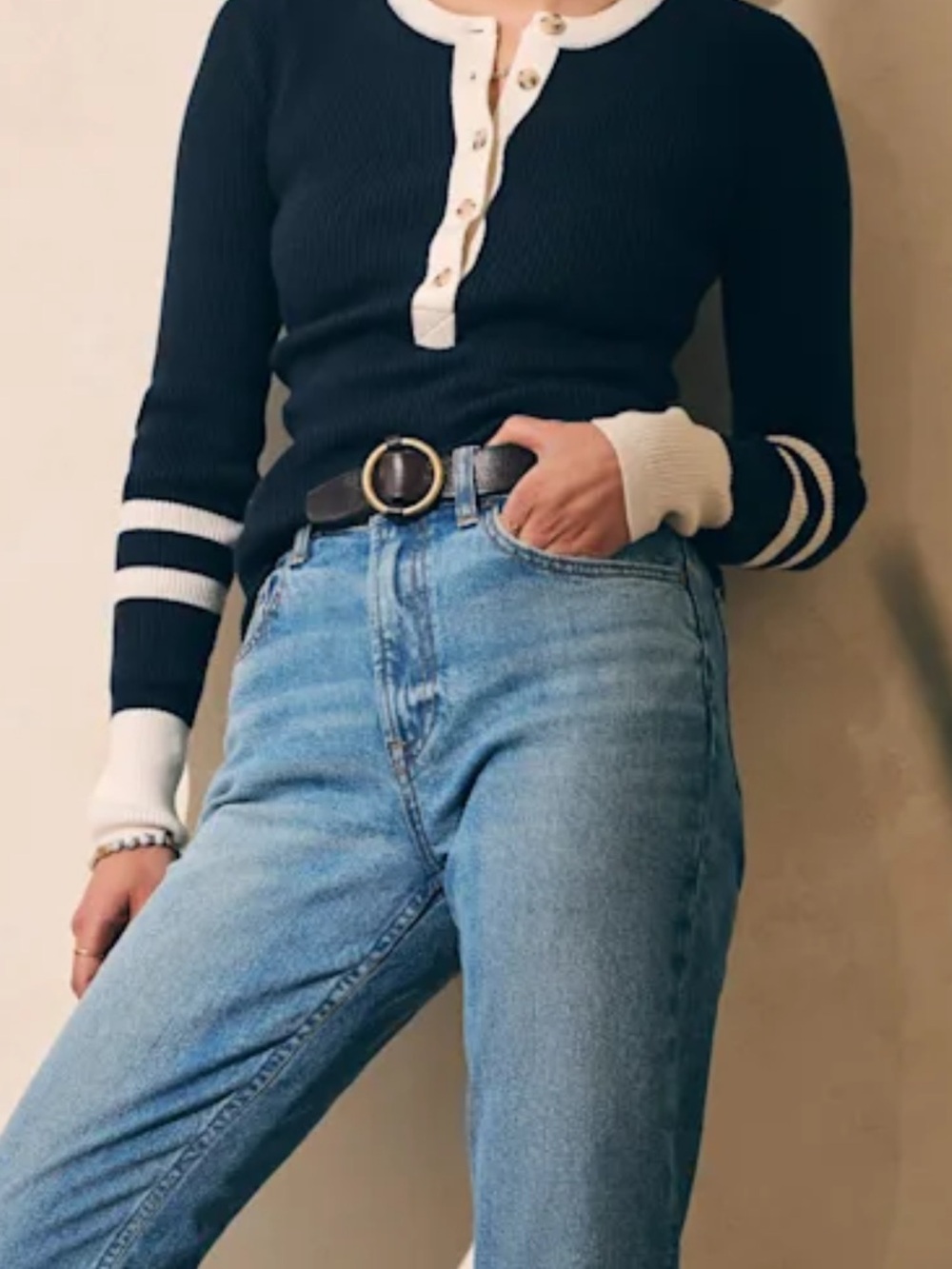 Faherty Mikki Navy Ribbed Henley Sweater-Coastal Colorblock